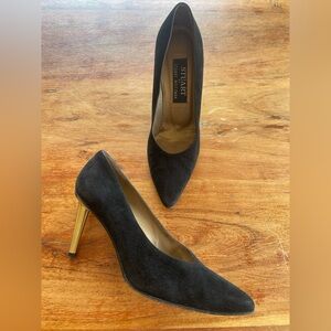 Stuart Weitzman Black Suede Pointed Toe Pumps with Gold Heel
